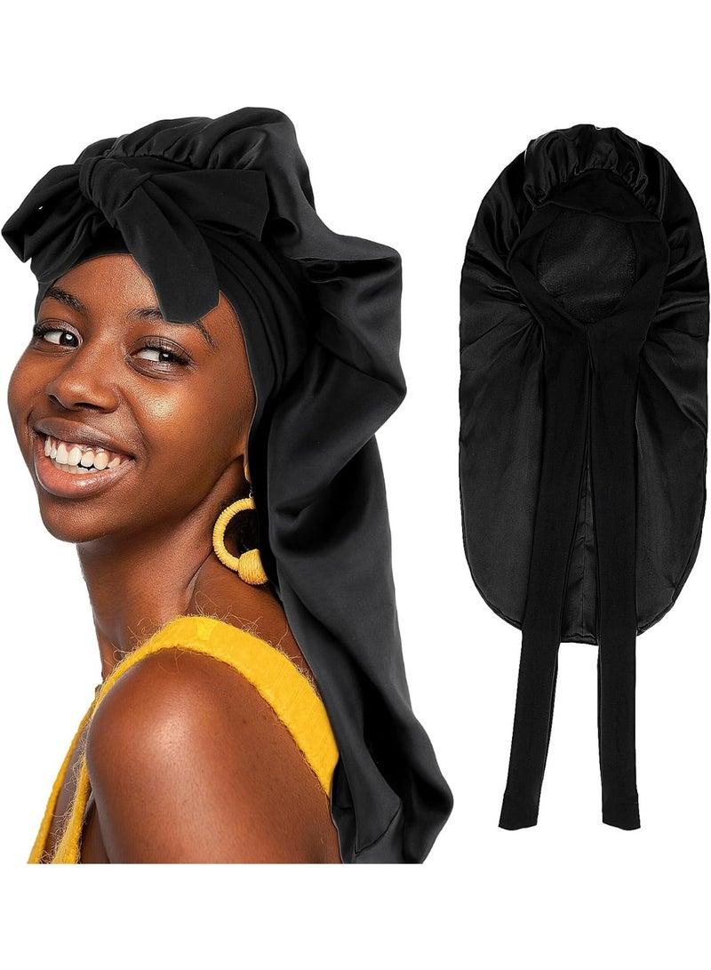 CLENEA Satin Silk Bonnet Large Night Wrap Sleep Shower Cap with Adjustable Tie Band Extra Hair Bonnet Silky Sleep Cap for Black Women Men Long Curly Natural Hair Braids Head Scarf - Image 1